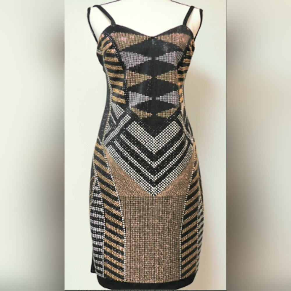 NWT Bisou Bisou Bodycon Dress Womens Sz 2 Gold Silver Black Studded Sleeveless